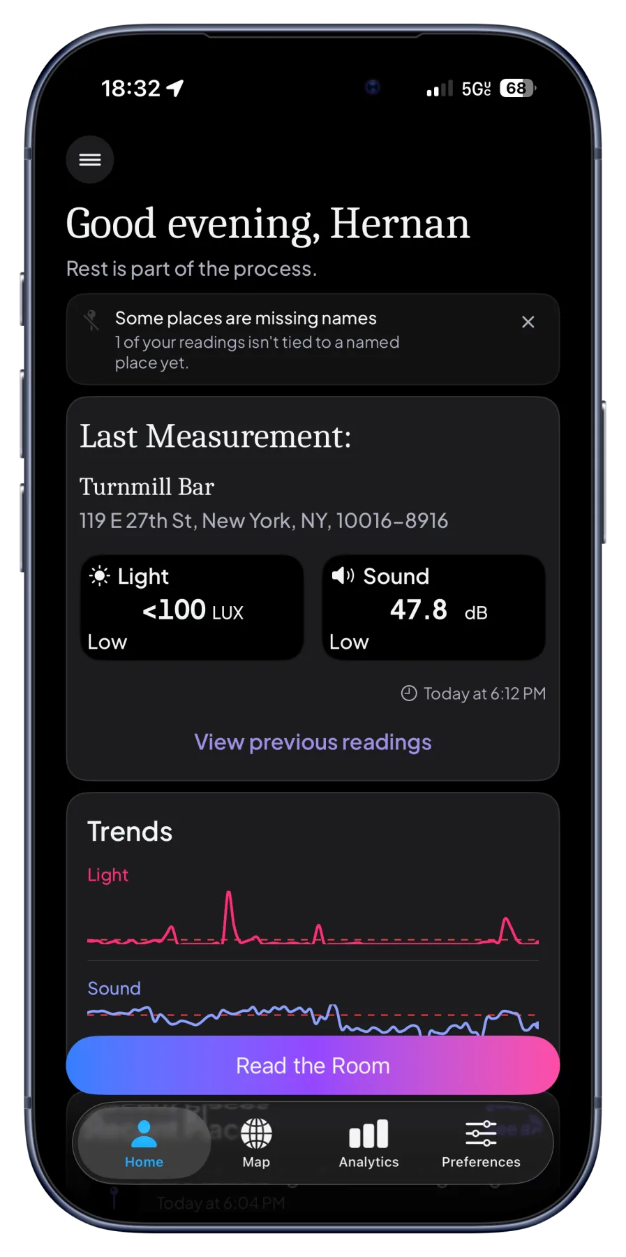 SpectrumScan app screen showing real-time light and sound readings