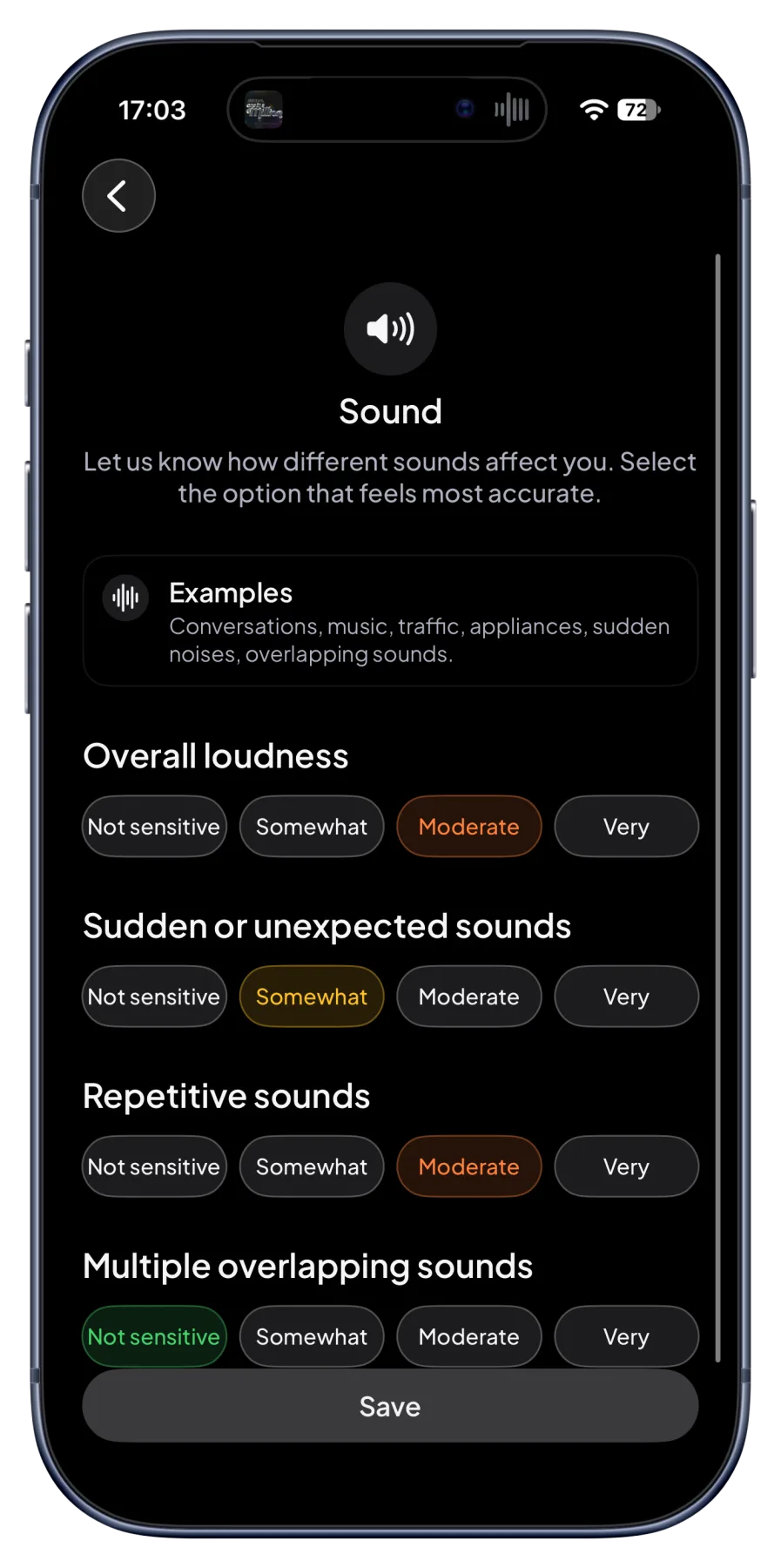 SpectrumScan preferences screen for setting sound sensitivity levels