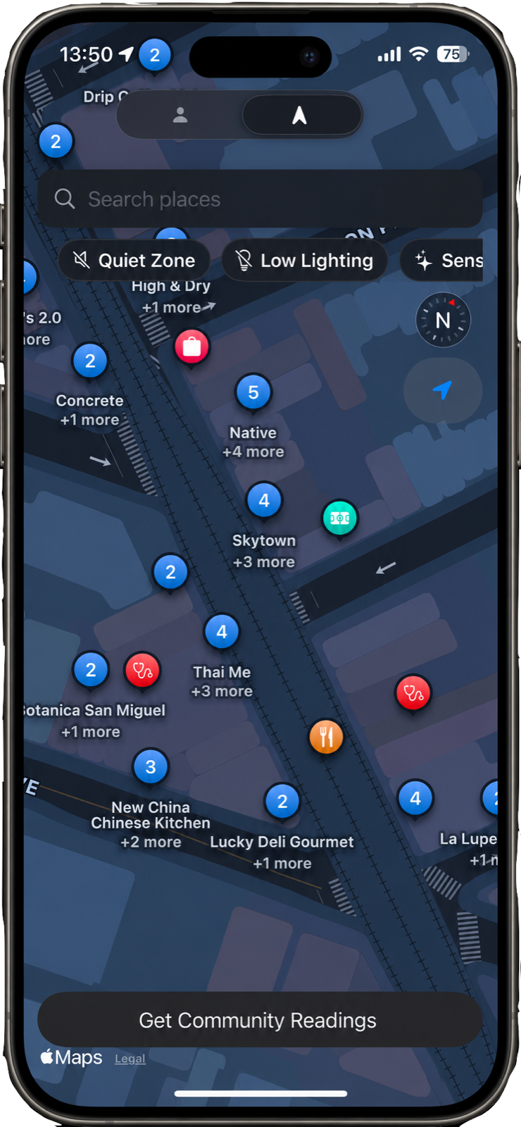 SpectrumScan map screen highlighting sensory-friendly places nearby