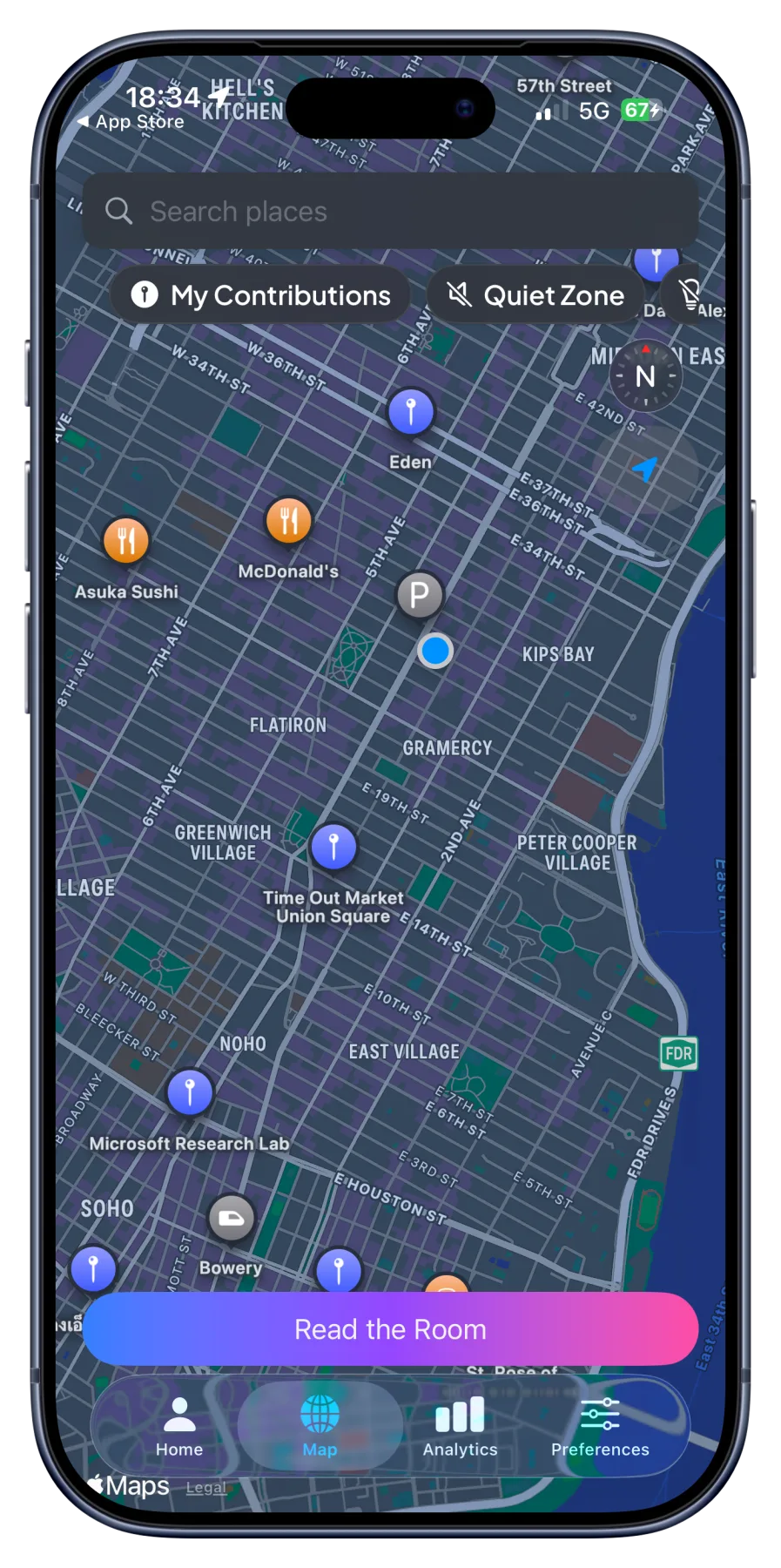 SpectrumScan sensory map showing nearby places rated by light and sound